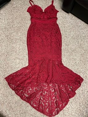 Two sisters Red Lace Mermaid Dress with asymmetrical hem